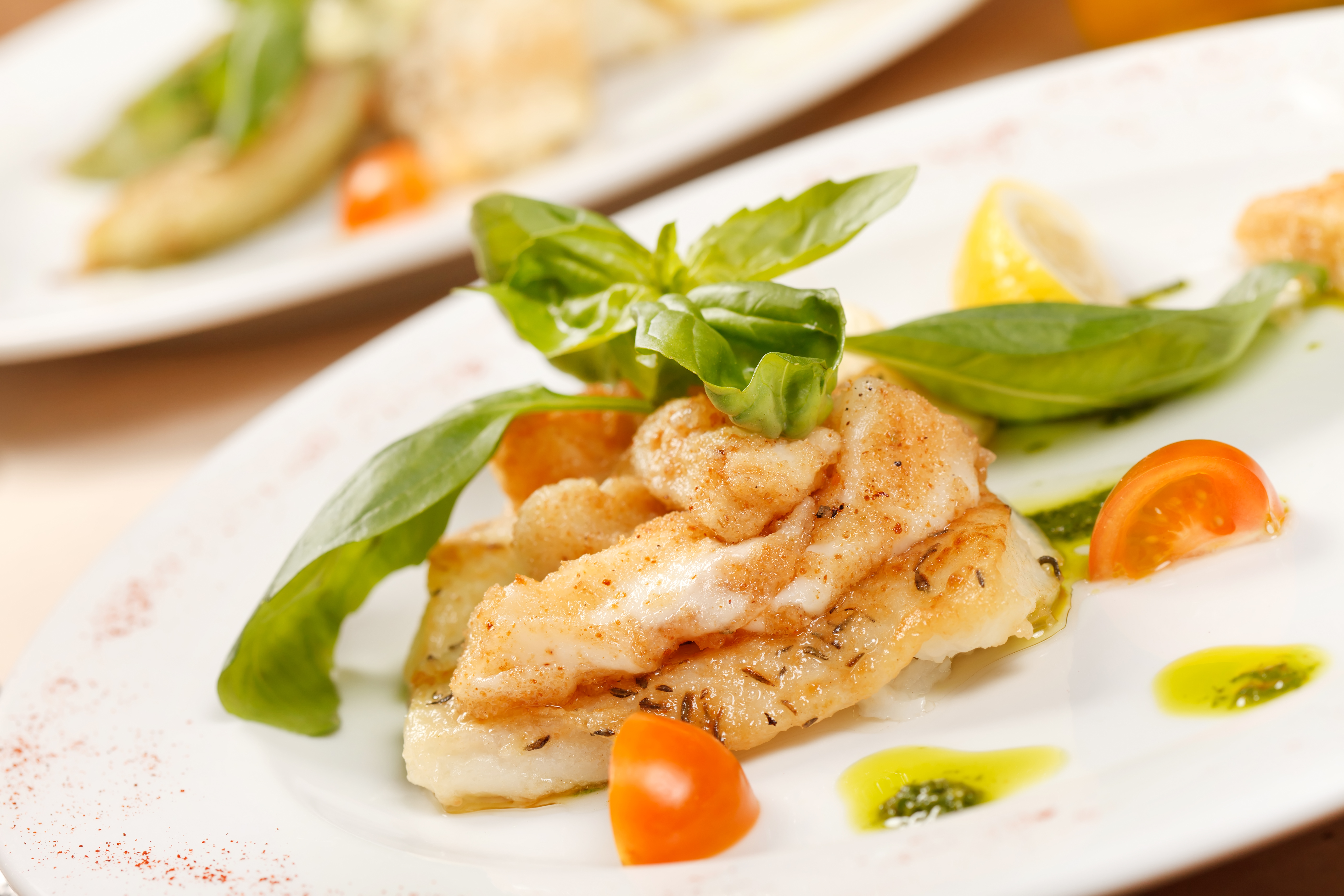 Fisch mit Rucolapüree auf Tomaten-Carpaccio